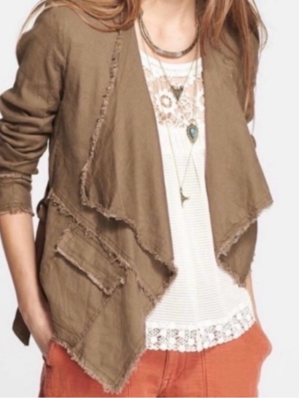 Free People Raw Hem Femme Linen Open Waterfall Drape Jacket Sz S Brown Layering